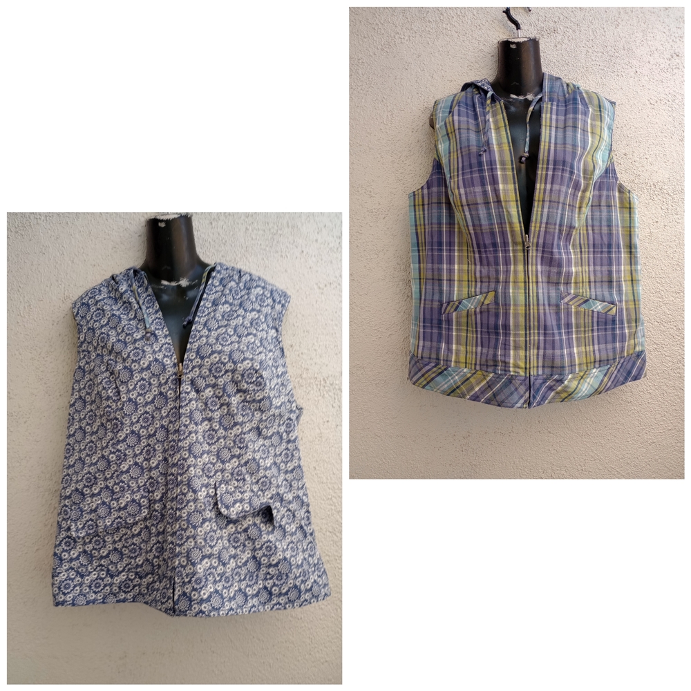 VTG Handmade Reversible Vest Floral Plaid Casual Sporty Hiking Blue Purple Large